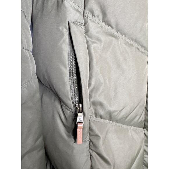 2010s Lauren Ralph Lauren Down Puffer Coat Shawl Collar Hood Olive Green Medium - Picture 10 of 14